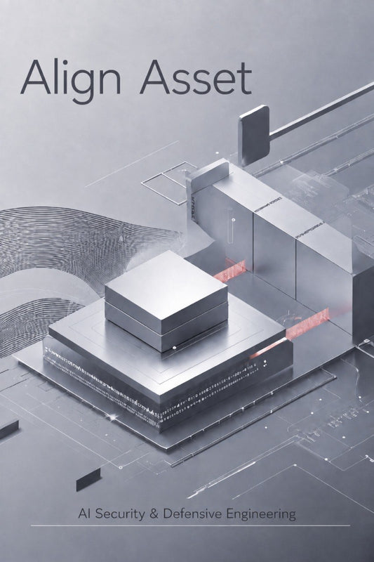 A grayscale promotional graphic with the title 'Align Asset' at the top and 'AI Security & Defensive Engineering' at the bottom, featuring a stylized 3D abstract architectural or circuit-like structure in metallic gray tones with small red glowing accents.