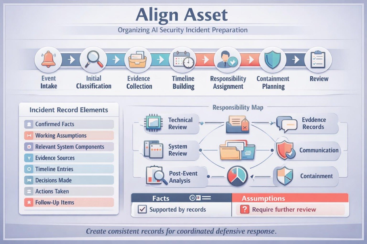 A digital infographic titled 'Align Asset' explaining how to organize AI security incident preparation, featuring a timeline, incident record elements, and a responsibility map on a light blue-gray background.