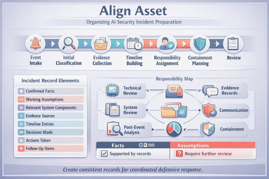 A digital infographic titled 'Align Asset' explaining how to organize AI security incident preparation, featuring a timeline, incident record elements, and a responsibility map on a light blue-gray background.