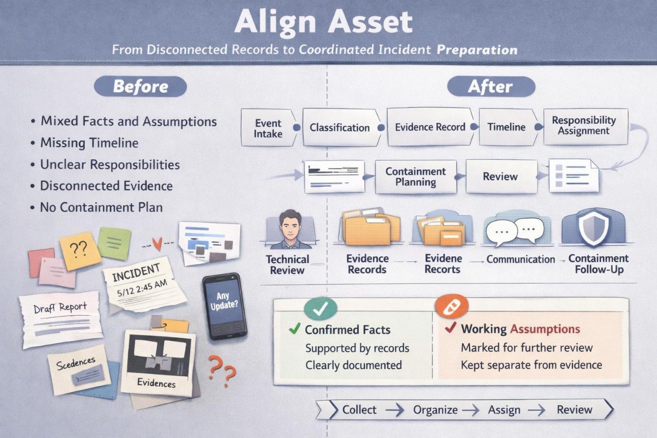 An infographic titled 'Align Asset' comparing 'Before' and 'After' incident preparation processes, with icons, text labels, and flow steps on a light blue background.