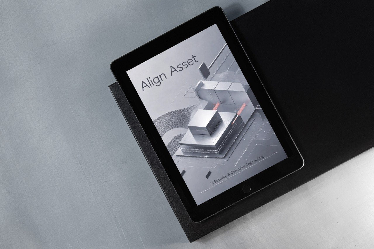 A black tablet device displaying a book or guide cover titled "Align Asset" on its screen, resting on a dark rectangular surface against a light gray background.