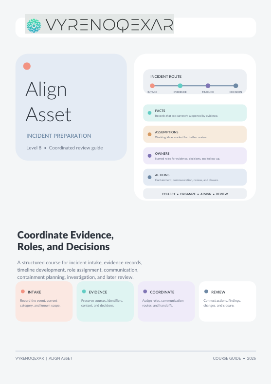 A digital preview of a training course guide titled 'Align Asset' by VyrenoQeXar, featuring a structured incident preparation module with diagrams and text on a light gray background.