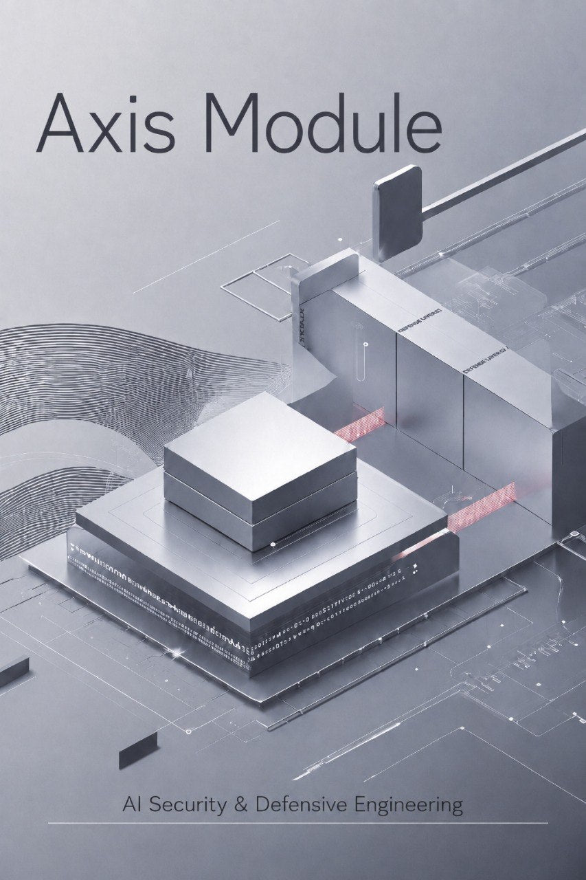 A digital cover graphic for 'Axis Module' focusing on 'AI Security & Defensive Engineering', featuring a 3D isometric rendering of metallic gray geometric structures and circuit-like patterns on a gray background.
