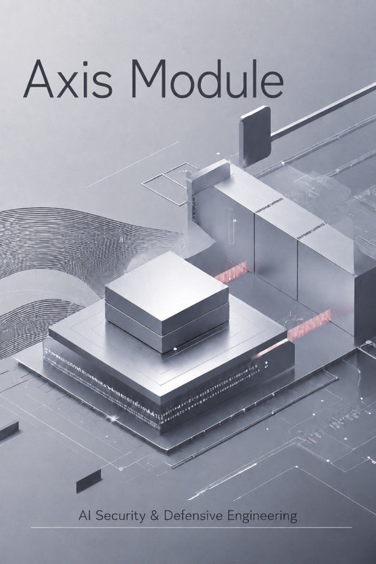 A digital cover graphic for 'Axis Module' focusing on 'AI Security & Defensive Engineering', featuring a 3D isometric rendering of metallic gray geometric structures and circuit-like patterns on a gray background.
