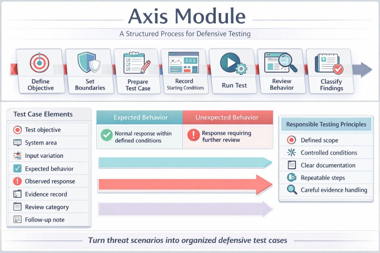 An infographic titled 'Axis Module' explaining a structured process for defensive testing, with icons and text boxes for defining objectives, setting boundaries, preparing a test case, running the test, reviewing behavior, and classifying findings. It also includes sections for test case elements, expected and unexpected behavior, and responsible testing principles.