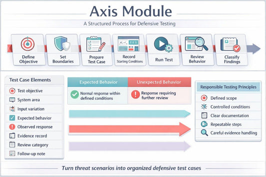 An infographic titled 'Axis Module' explaining a structured process for defensive testing, with icons and text boxes for defining objectives, setting boundaries, preparing a test case, running the test, reviewing behavior, and classifying findings. It also includes sections for test case elements, expected and unexpected behavior, and responsible testing principles.