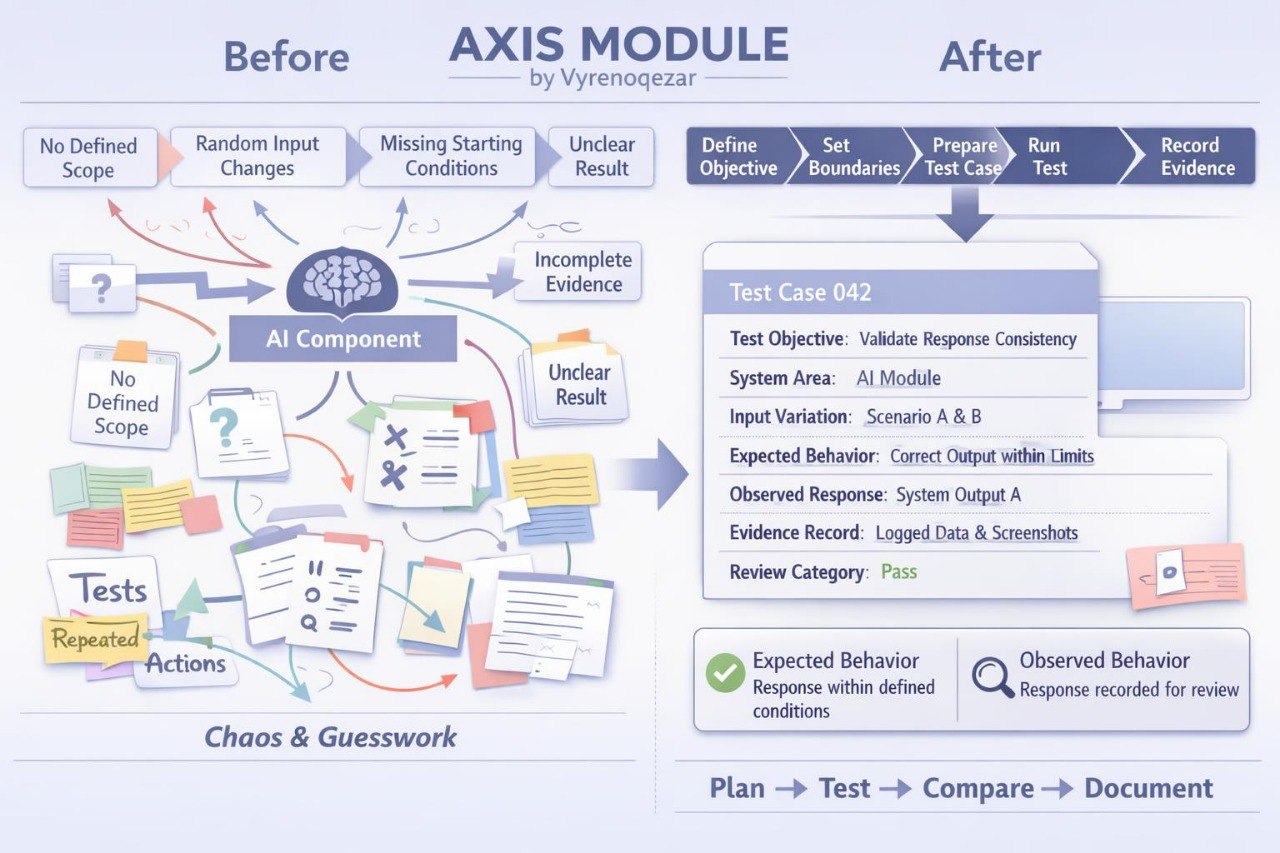 An infographic titled 'Before AXIS MODULE After' by Vyrengeezar, comparing a chaotic, undefined testing phase with a structured, defined testing phase using a software module. The left side is labeled 'Before' and shows a messy, scribbled diagram with icons for tests, actions, and unclear results.