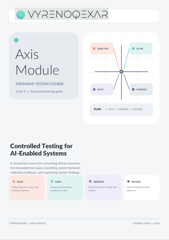 A digital preview page for a VyrenoQxar AI Module course guide, featuring a structured learning module diagram with colored labels and text about controlled testing for AI-enabled systems.
