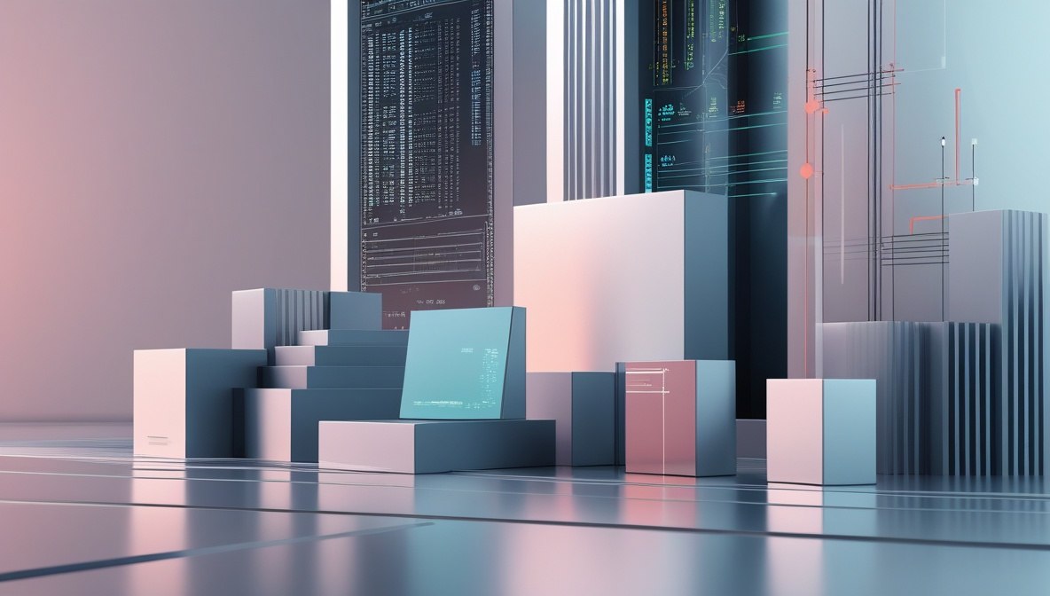 A futuristic abstract digital render showing a series of geometric display blocks and a central monitor in a high-tech server room setting with glowing digital columns in the background.
