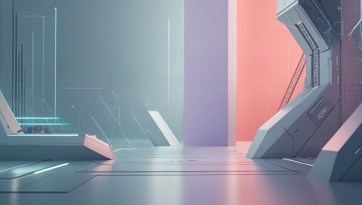 A futuristic digital render of a sci-fi interior corridor with angular architectural elements, glowing blue interface lines, and a pink-lit wall panel.