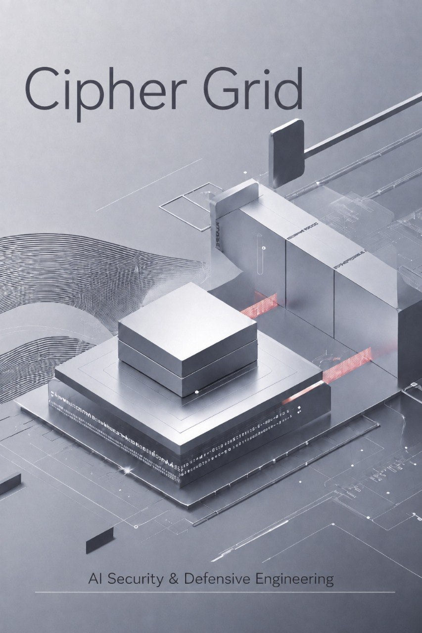 A book or publication cover titled "Cipher Grid" with the subtitle "AI Security & Defensive Engineering," featuring a stylized gray isometric digital illustration of geometric security architecture.