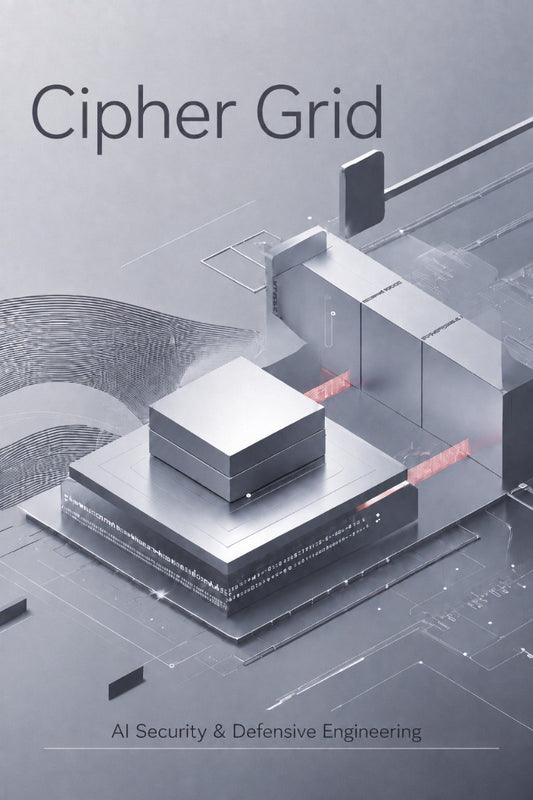 A book or publication cover titled "Cipher Grid" with the subtitle "AI Security & Defensive Engineering," featuring a stylized gray isometric digital illustration of geometric security architecture.