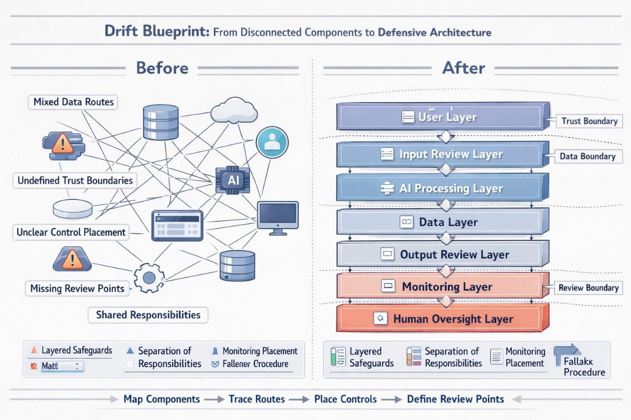 A digital infographic titled 'Drift Blueprint: From Disconnected Components to Defensive Architecture' comparing a 'Before' state with an 'After' state using layered security diagrams and icons.