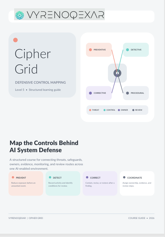 A digital cover page for a cybersecurity course guide titled 'Cipher Grid' by Vyreno Qxar. The design features a clean white background with a light blue header and footer, a central white diagram box illustrating threat and control flow, and text sections explaining defensive control mapping and AI system defense.