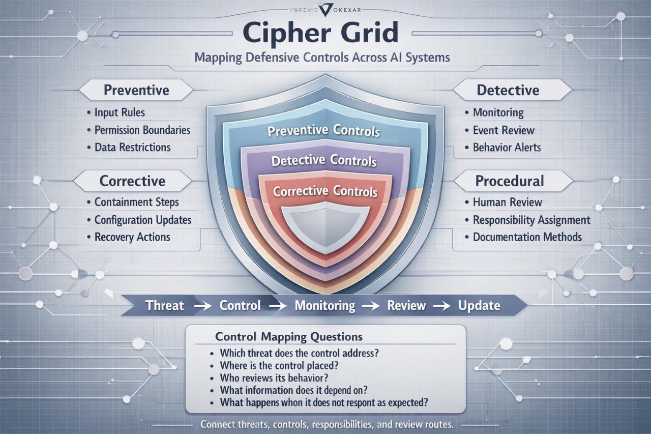 An infographic titled 'Cipher Grid' showing a shield with layered labels for Preventive, Detective, and Corrective Controls, surrounded by lists of defense controls such as input rules, monitoring, containment steps, and human review. The design uses blue, purple, and orange tones on a light gray technical background.