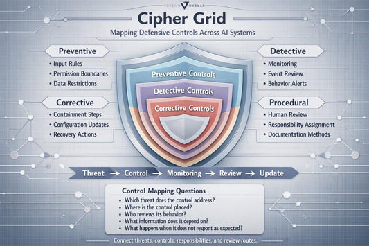 An infographic titled 'Cipher Grid' showing a shield with layered labels for Preventive, Detective, and Corrective Controls, surrounded by lists of defense controls such as input rules, monitoring, containment steps, and human review. The design uses blue, purple, and orange tones on a light gray technical background.