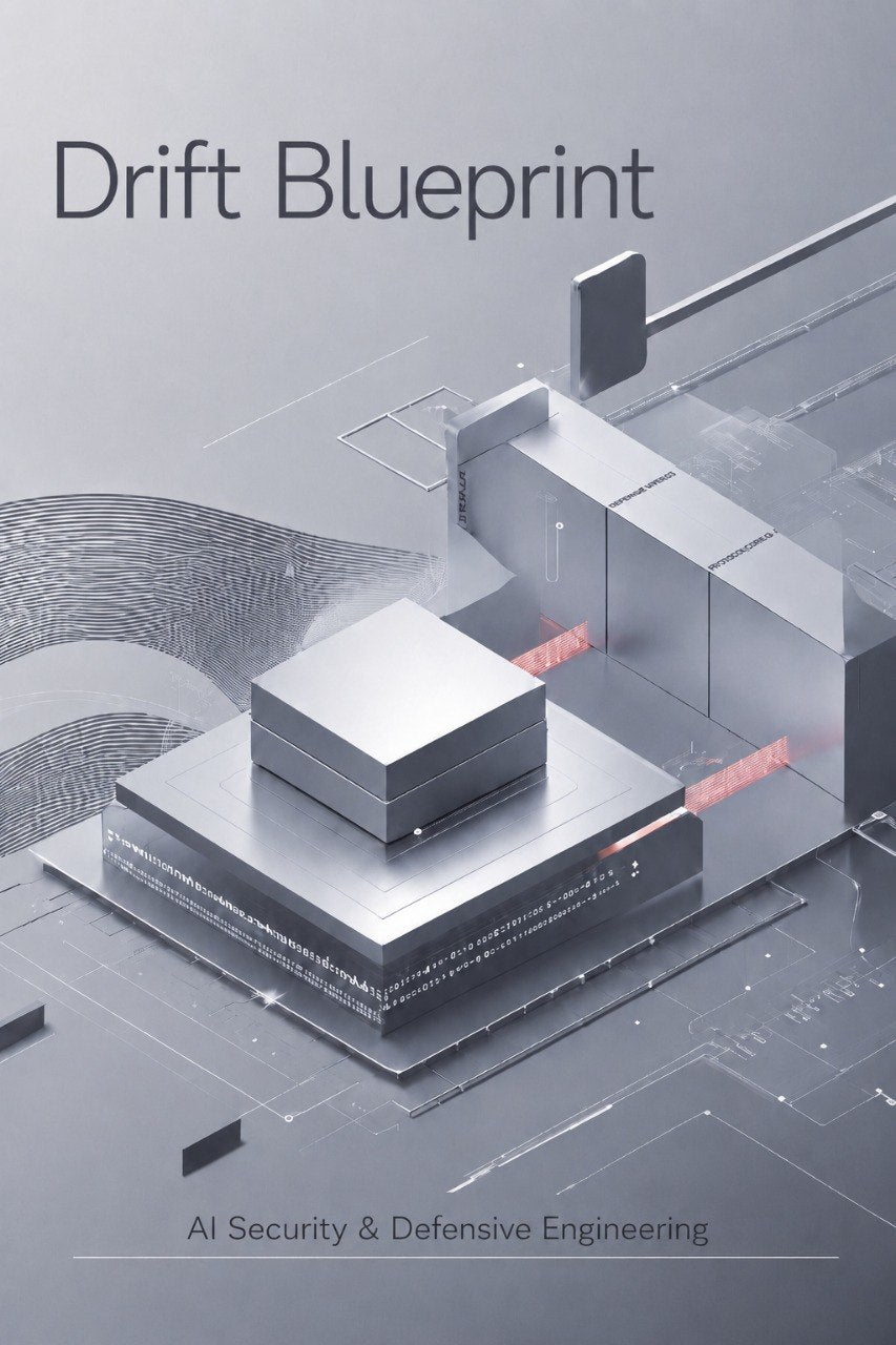 A book or publication cover titled "Drift Blueprint" with the subtitle "AI Security & Defensive Engineering," featuring a stylized 3D abstract architectural illustration in gray, white, and black tones with small red glowing accents.