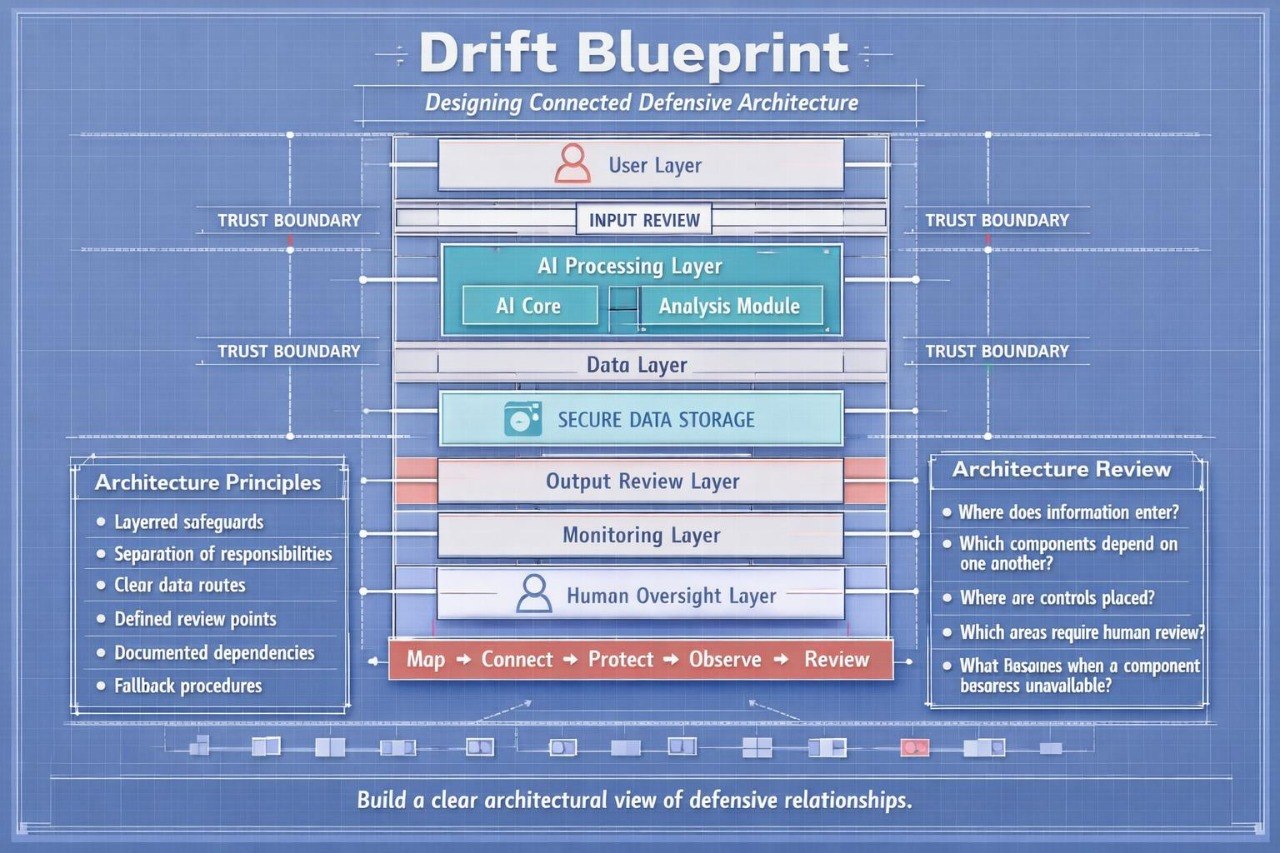 A blue and white architectural diagram titled 'Drift Blueprint' showing layered security review components, trust boundaries, and architecture principles in a structured block layout.