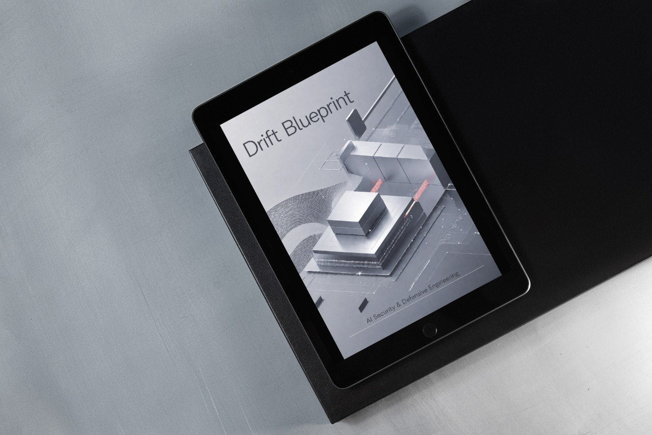 A tablet device displaying the book or guide cover titled "Drift Blueprint" at an angle on a light gray surface.
