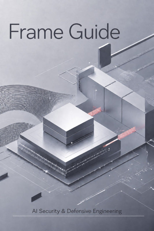A book or guide cover titled 'Frame Guide' with the subtitle 'AI Security & Defensive Engineering,' featuring a stylized gray 3D architectural rendering on a light gray background.