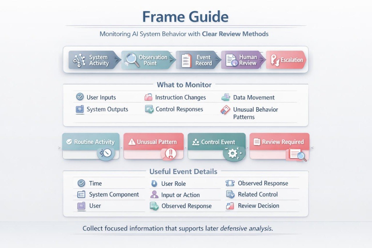 A digital infographic titled 'Frame Guide' explaining how to monitor an AI system behavior with clear review methods, featuring colored boxes and icons on a light gray background.