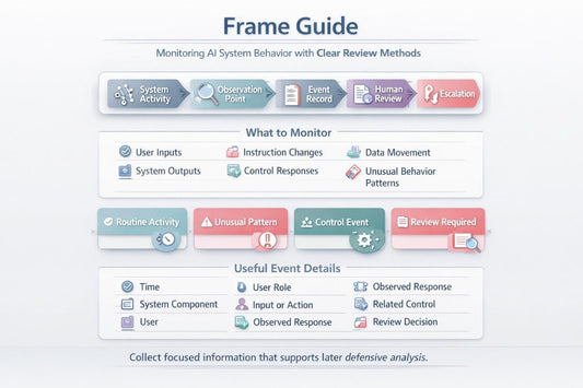 A digital infographic titled 'Frame Guide' explaining how to monitor an AI system behavior with clear review methods, featuring colored boxes and icons on a light gray background.