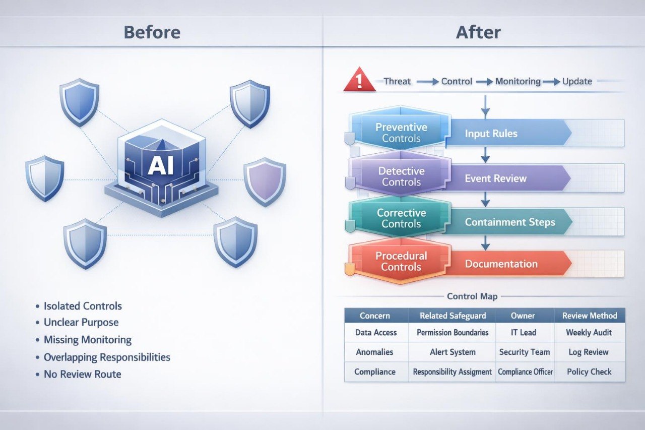A comparison infographic labeled Before and After, showing a central AI security icon surrounded by blue shields on the left, and a flowchart with red, blue, and purple steps on the right. A small table at the bottom lists control-related concerns and safeguards.