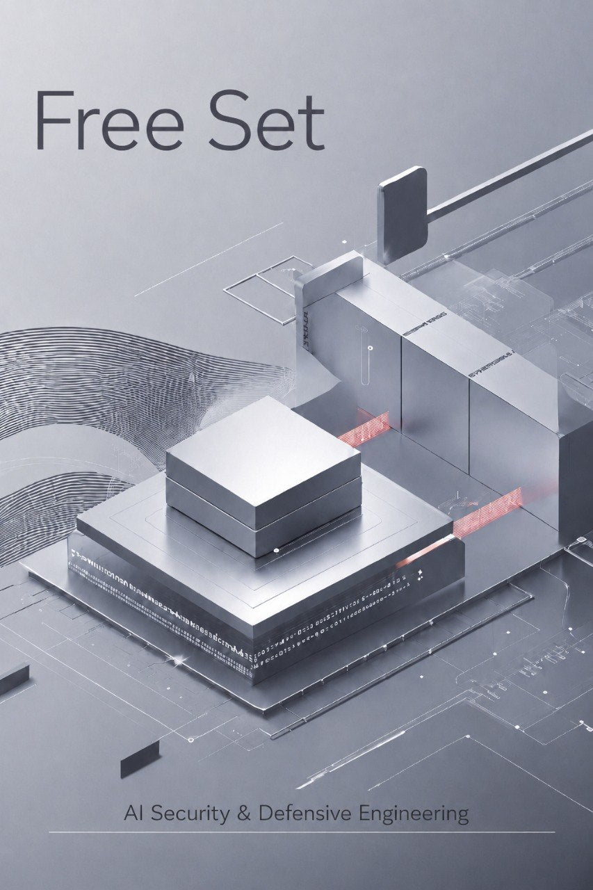 A digital cover graphic for 'Free Set' featuring a 3D isometric rendering of a metallic silver security or AI processing module on a gray background, with the text 'Free Set' at the top and 'AI Security & Defensive Engineering' at the bottom.