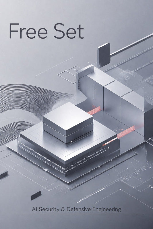 A digital cover graphic for 'Free Set' featuring a 3D isometric rendering of a metallic silver security or AI processing module on a gray background, with the text 'Free Set' at the top and 'AI Security & Defensive Engineering' at the bottom.