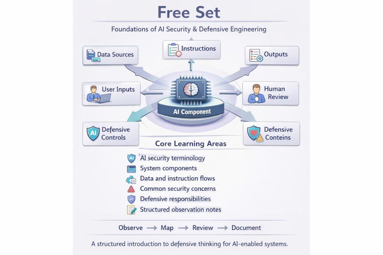 An infographic titled 'Free Set' about the Foundations of AI Security & Defensive Engineering, showing a central AI component surrounded by labeled modules like Data Sources, User Inputs, Instructions, Outputs, Human Review, Defensive Controls, and Defensive Contents, with a list of core learning areas below.