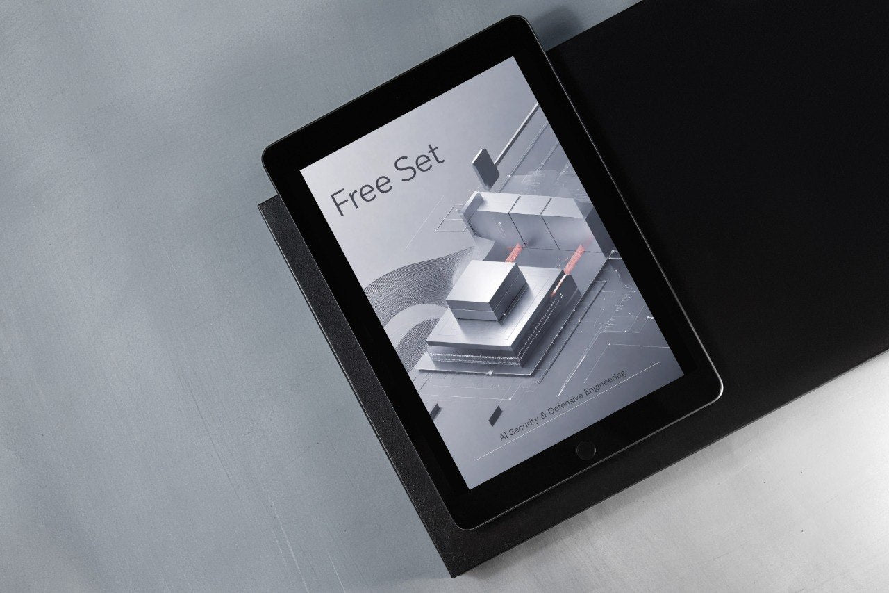 A black tablet device displaying a book or guide cover titled "Free Set," resting on a dark rectangular surface against a light gray background.