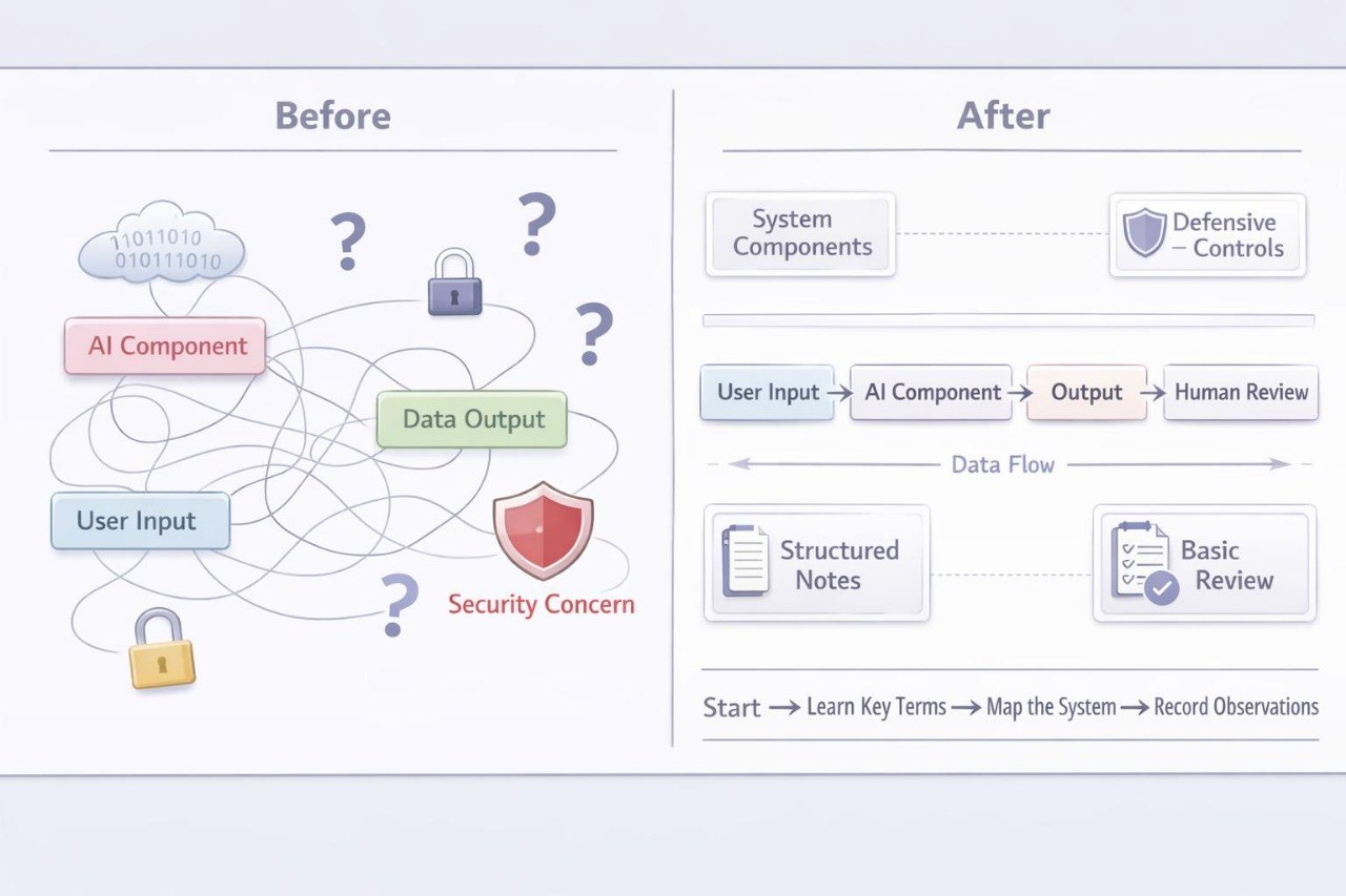 A diagram comparing a 'Before' state with an 'After' state for AI security review workflows. The left 'Before' side shows tangled lines, question marks, AI component, user input, data output, and a security concern icon.