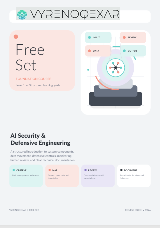 A digital cover page for a free training course guide titled 'Free Set' by VYRENQEXAR, featuring a light gray background, pastel-colored text blocks, and an illustration of a computer monitor with labeled interface elements.