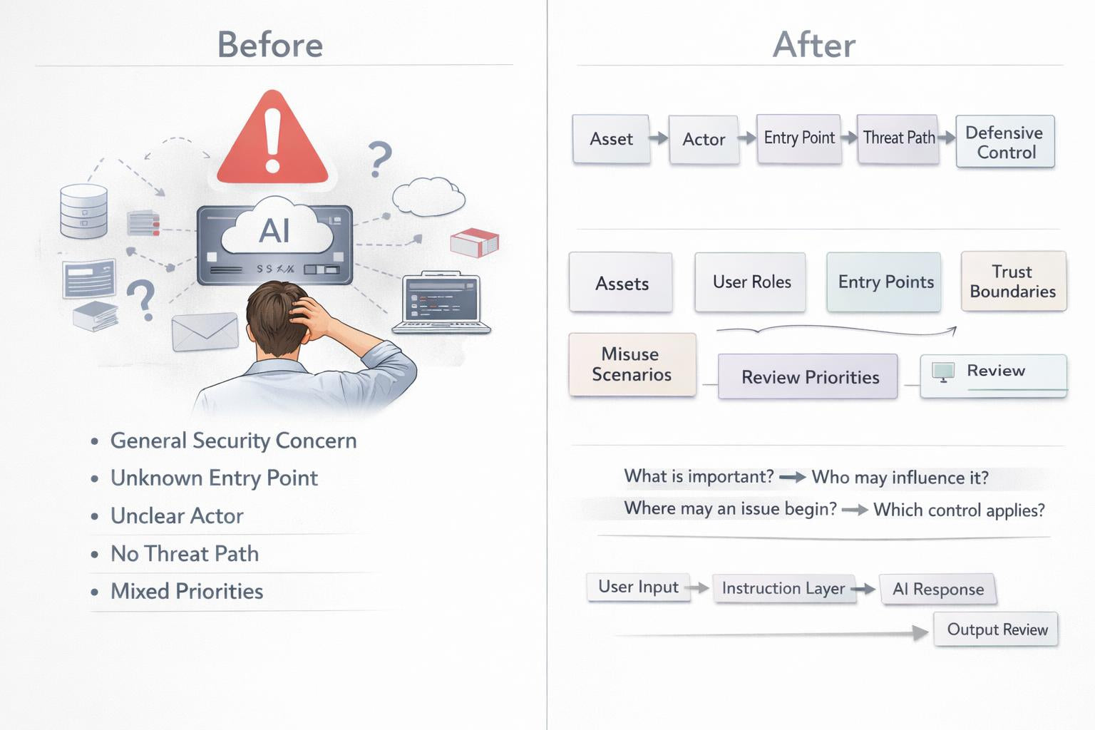 A side-by-side comparison graphic labeled 'Before' and 'After' showing AI-related security challenges on the left and a workflow diagram for threat control and review on the right, on a white background.