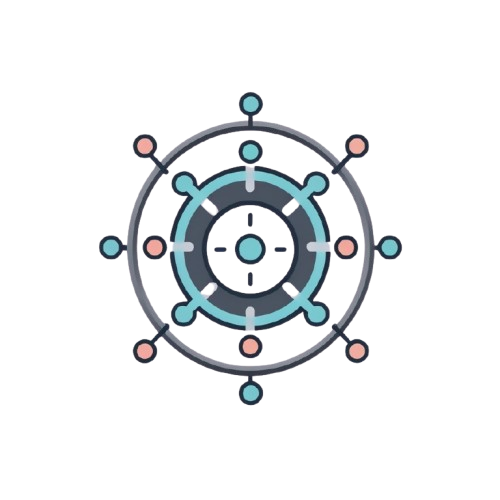 A flat vector icon of a ship's wheel steering wheel with circular rings and small colored dots, centered on a plain white background.