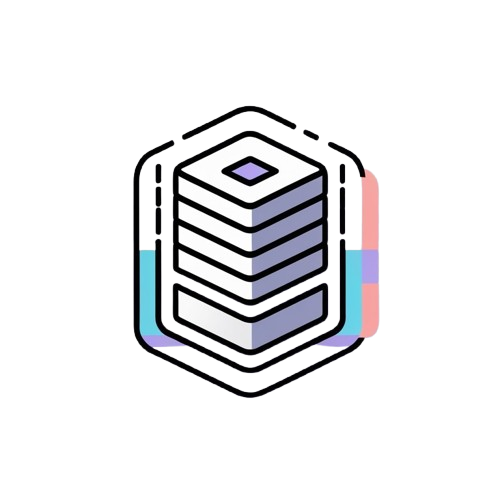 A minimalist vector icon of a server stack or database, featuring black outlines, white and light purple stacked blocks, and pastel blue and pink accents on a white background.
