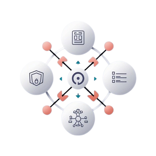 A digital vector graphic showing a central circular hub connected to four white circular nodes with security and technology icons, on a solid white background.