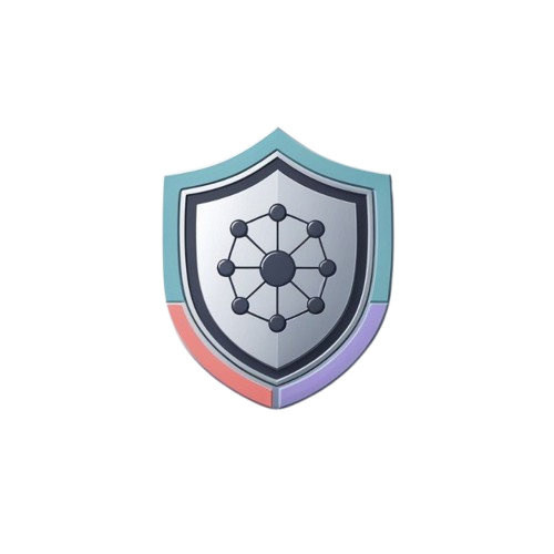 A stylized shield-shaped emblem or badge on a plain white background. The shield has a silver-gray center with a dark circular network-like symbol, a light blue upper border, and pink and purple lower border accents.