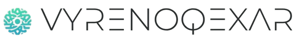 The logo for VYRENOQEXAR, featuring a teal circular icon with radiating lines on the left, next to the brand name in dark gray sans-serif lettering on a white background.