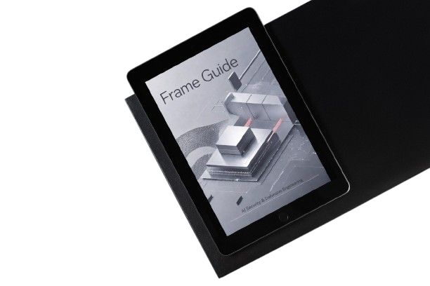 A black tablet device displaying a book or guide cover titled "Frame Guide," positioned over a matching black rectangular frame or case on a white background.