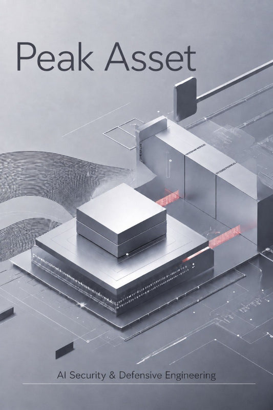 A book or publication cover titled 'Peak Asset' with the subtitle 'AI Security & Defensive Engineering,' featuring a stylized 3D metallic architectural illustration on a gray background.