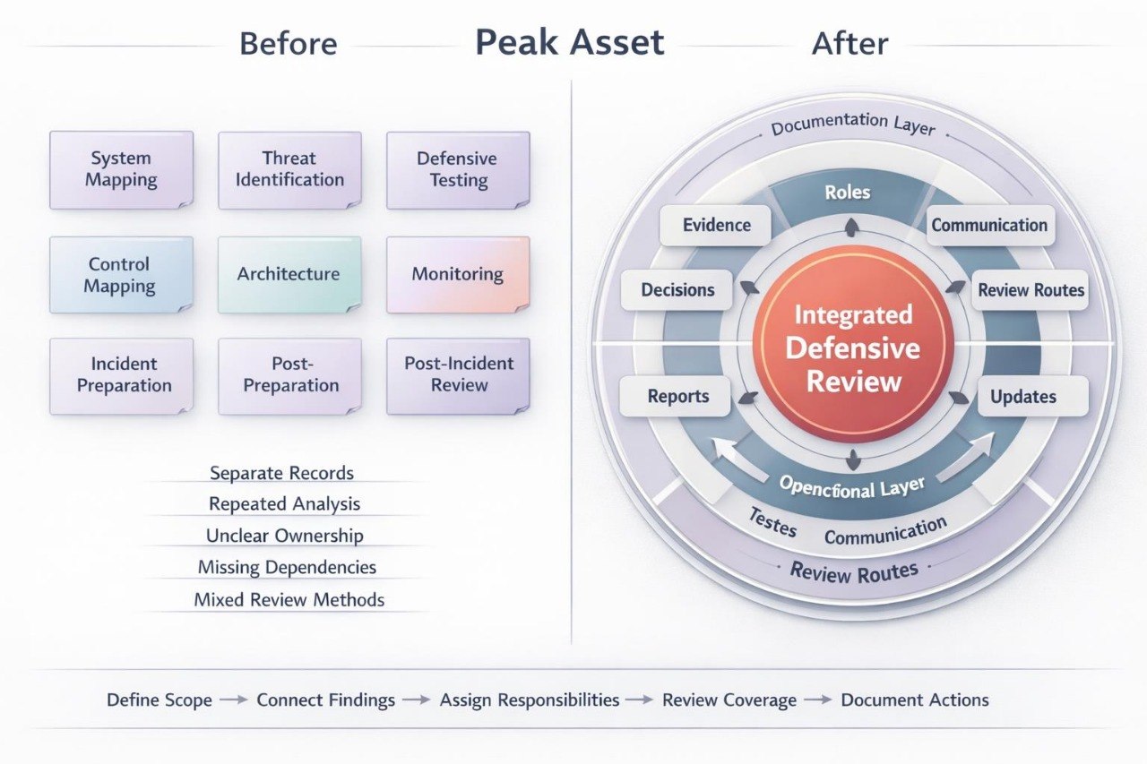 A comparison graphic titled 'Before Peak Asset After' showing a circular flow diagram labeled 'Integrated Defensive Review' on the right and a list of security review tasks on the left.