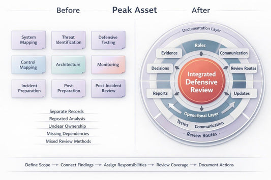 A comparison graphic titled 'Before Peak Asset After' showing a circular flow diagram labeled 'Integrated Defensive Review' on the right and a list of security review tasks on the left.
