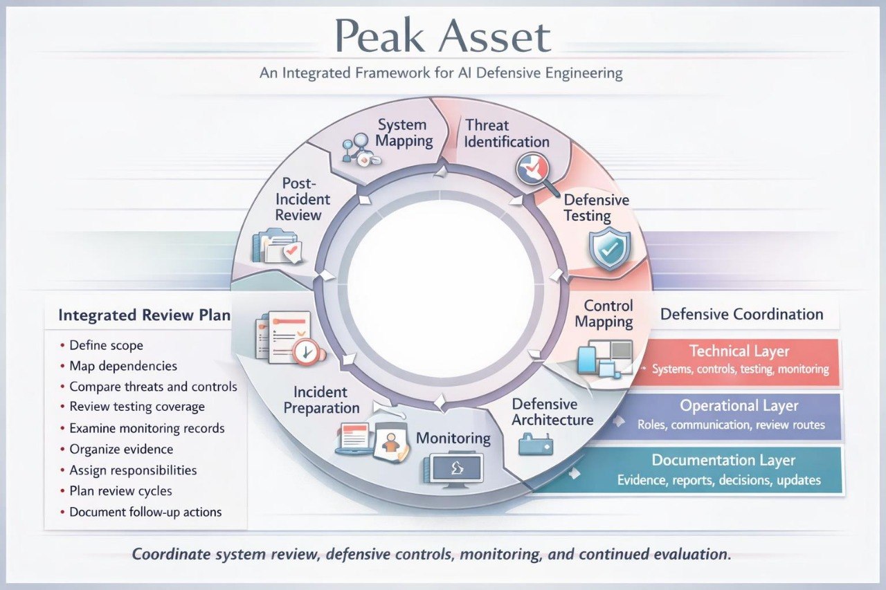 A circular infographic titled 'Peak Asset' showing an integrated framework for AI defensive engineering, with labeled phases around a central ring and supporting text boxes on the left and right.