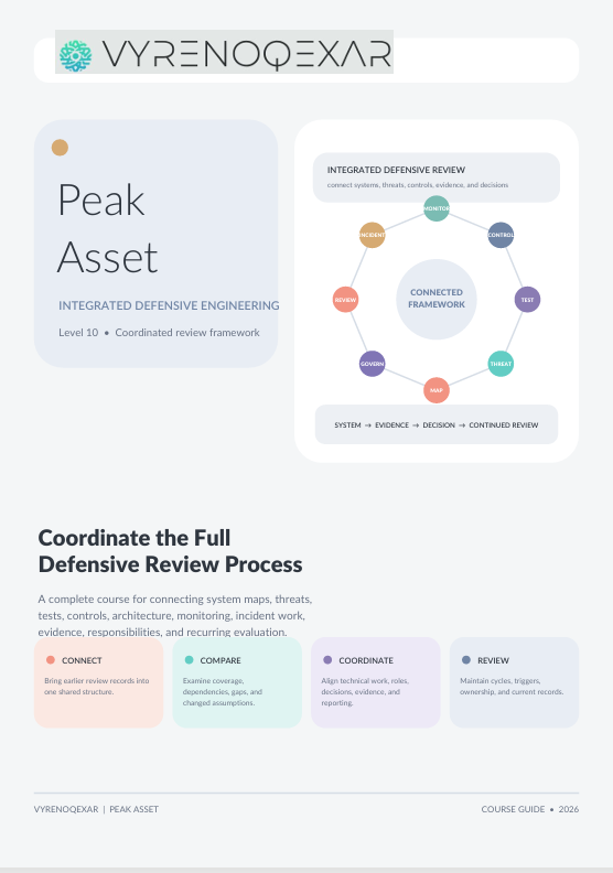 A digital cover page for a VyrenoQxar Peak Asset course guide, featuring a light gray background, a teal and white logo, and sections titled 'Peak Asset' and 'Coordinate the Full Defensive Review Process' with diagram-like callouts.