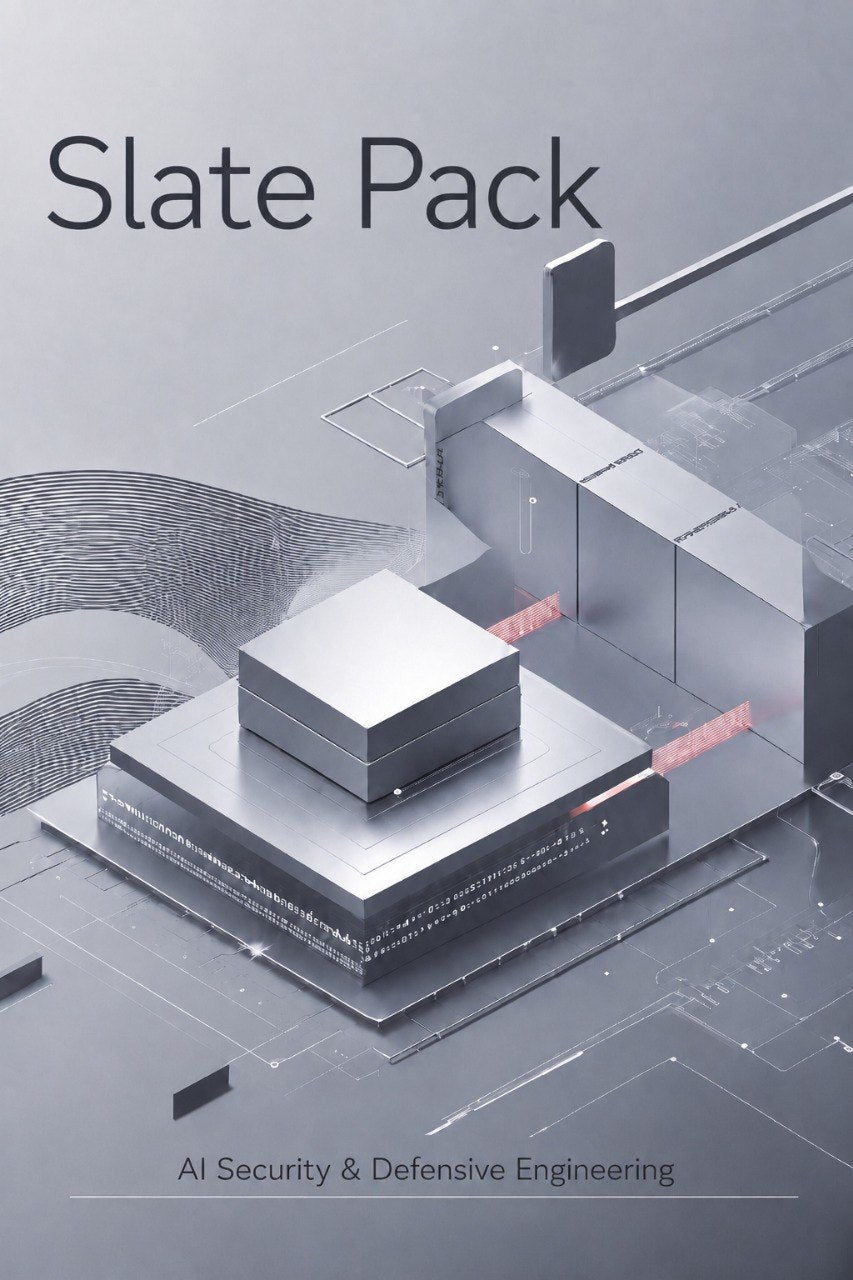A digital cover graphic for a product titled 'Slate Pack' with the subtitle 'AI Security & Defensive Engineering'. The design features a futuristic, isometric 3D model of metallic gray blocks and structures on a matching gray background with subtle circuit-like patterns.