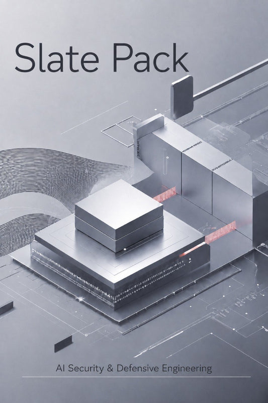 A digital cover graphic for a product titled 'Slate Pack' with the subtitle 'AI Security & Defensive Engineering'. The design features a futuristic, isometric 3D model of metallic gray blocks and structures on a matching gray background with subtle circuit-like patterns.