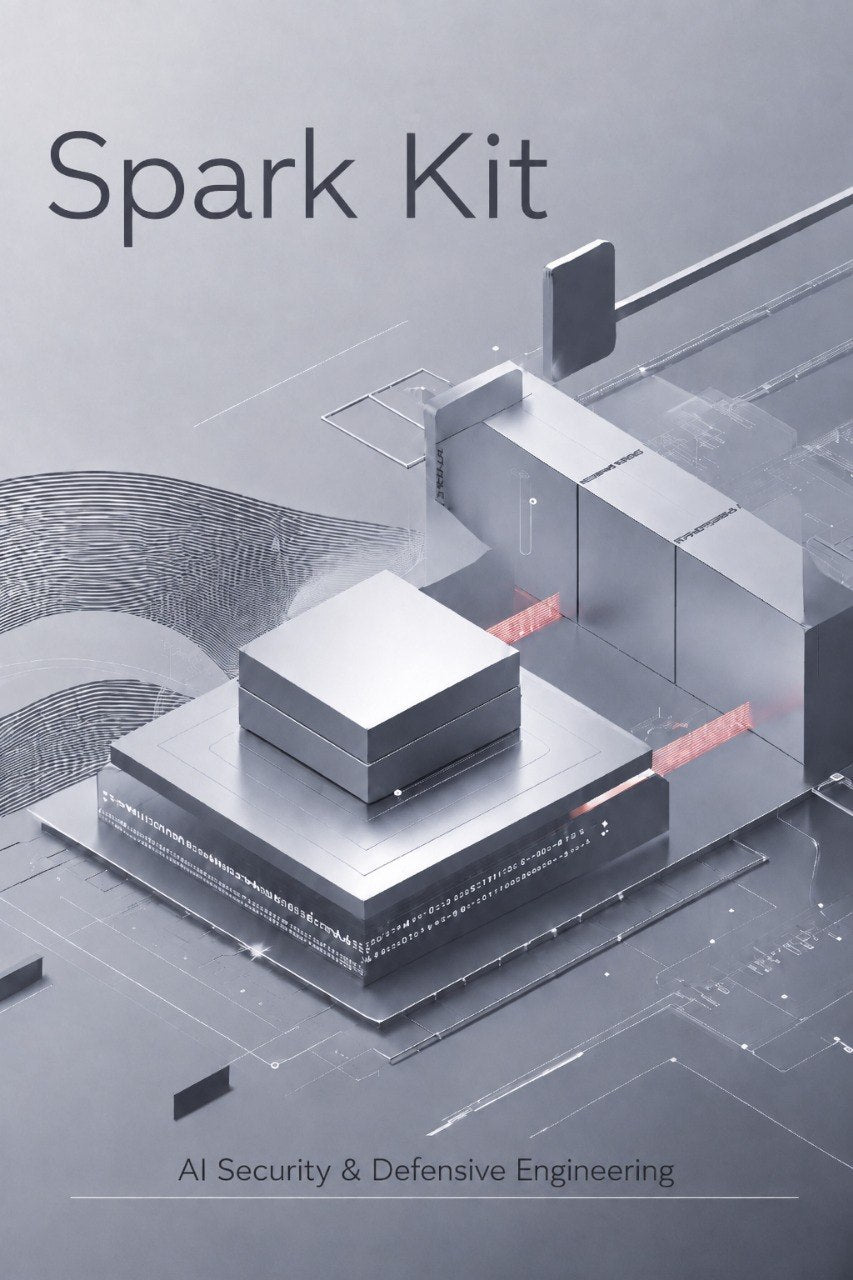 A stylized cover graphic for 'Spark Kit' featuring a metallic 3D geometric model on a gray background, with the text 'AI Security & Defensive Engineering' at the bottom.