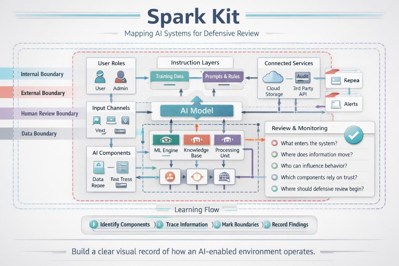 A digital flowchart titled 'Spark Kit' showing a 'Mapping AI Systems for Defensive Review' process. The diagram features a central 'AI Model' surrounded by layers for 'User Roles', 'Training Data', 'Instruction Layers', 'Connected Services', and a 'Review & Monitoring' section with text and icons.