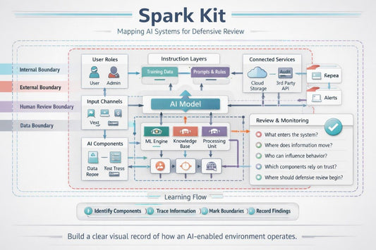 A digital flowchart titled 'Spark Kit' showing a 'Mapping AI Systems for Defensive Review' process. The diagram features a central 'AI Model' surrounded by layers for 'User Roles', 'Training Data', 'Instruction Layers', 'Connected Services', and a 'Review & Monitoring' section with text and icons.